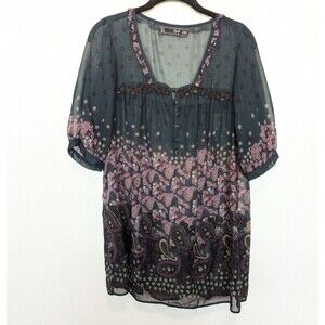 Zara TRF Sheer Blouse Womens Size S Blue Floral Paisley Tunic Top Casual Boho